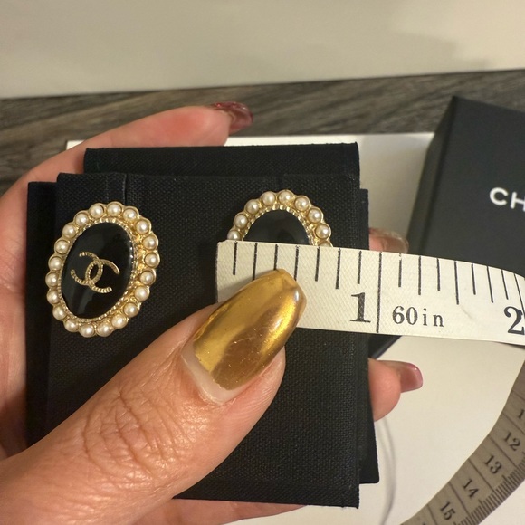 CHANEL Gold CC Black Enamel Faux Pearl Embellished Oval Earrings - Picture 7 of 9